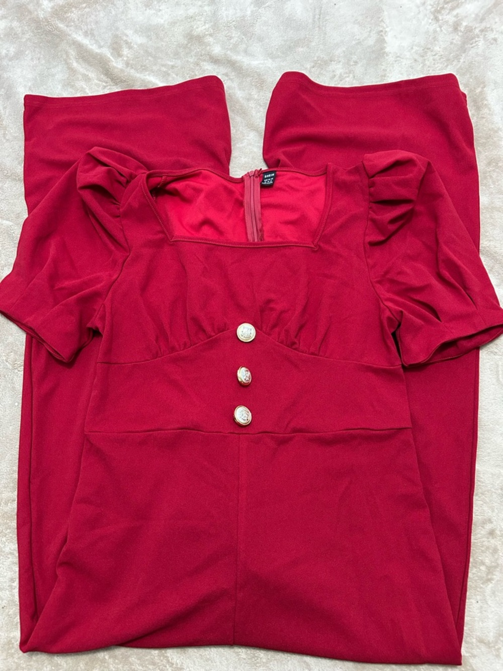 SHEIN Red Puff-Sleeve Jumpsuit with Decorative Buttons